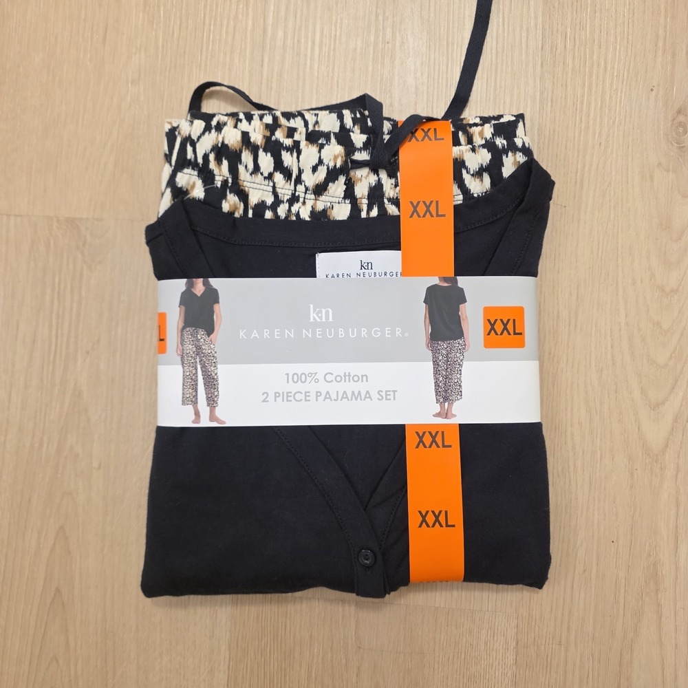 Karen Neuburger Black Tan 100% Cotton Short Sleeve Comfy Pajama Set Size 2XL